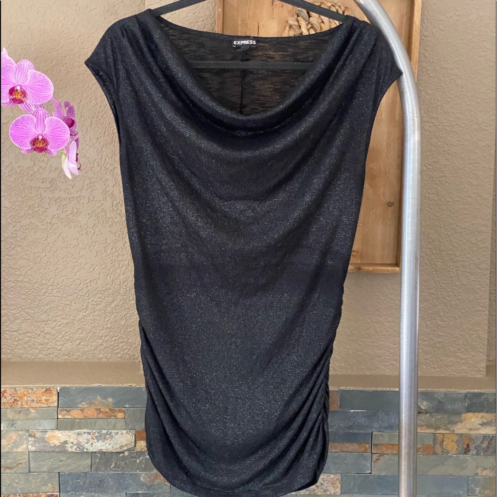 EXPRESS Drape Neck, Ruched Sides, Black Blouse.